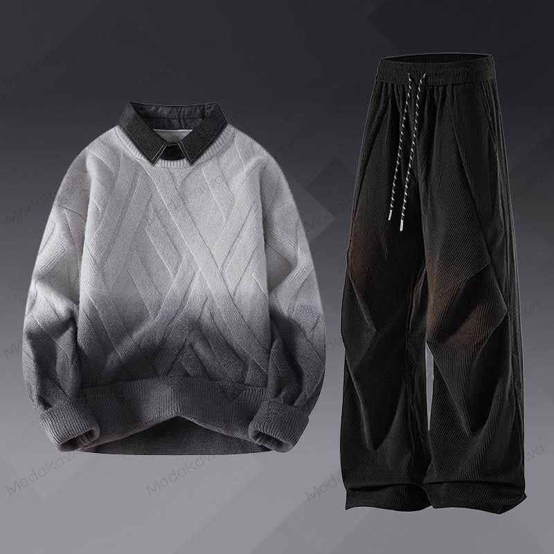 Zweiteiliger Pullover in Strickoptik mit Lagenlook und Cordhose - Satz B - 3XL - image 2