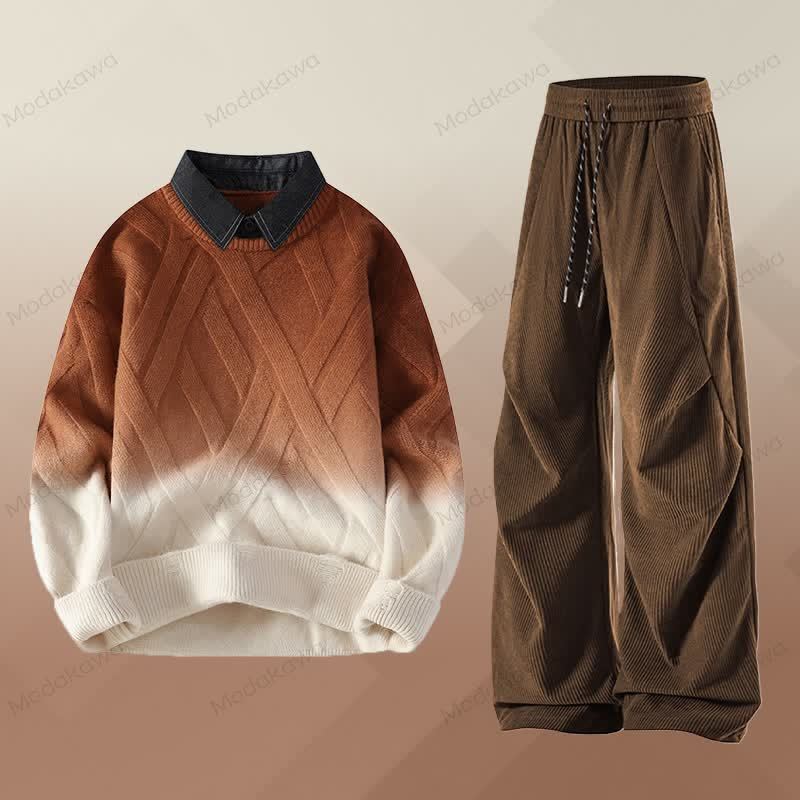 Zweiteiliger Pullover in Strickoptik mit Lagenlook und Cordhose - Set E - 3XL - image 5