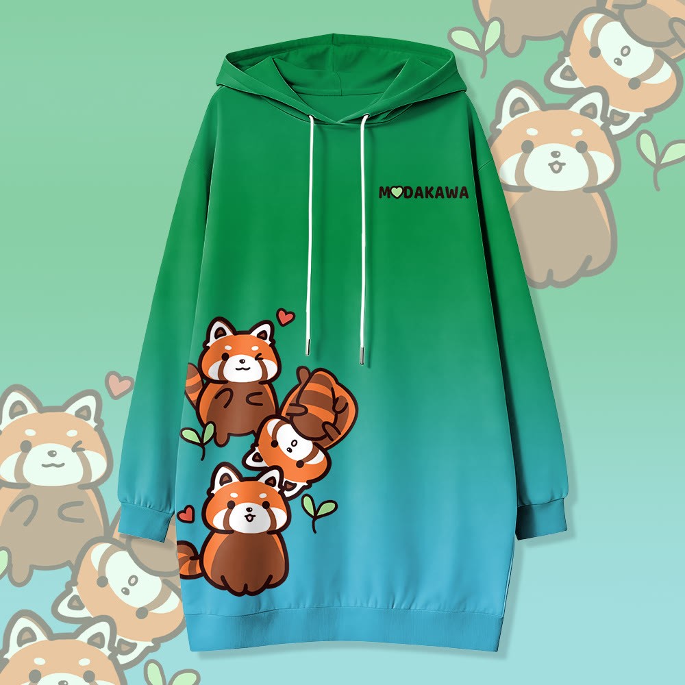 MODAKAWA Kapuzenpulloverkleid mit Farbverlauf und rotem Panda-Motiv sowie Seitentaschen - Green - 4XL - image 1