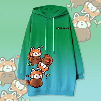 MODAKAWA Kapuzenpulloverkleid mit Farbverlauf und rotem Panda-Motiv sowie Seitentaschen - Green - 4XL - image 1