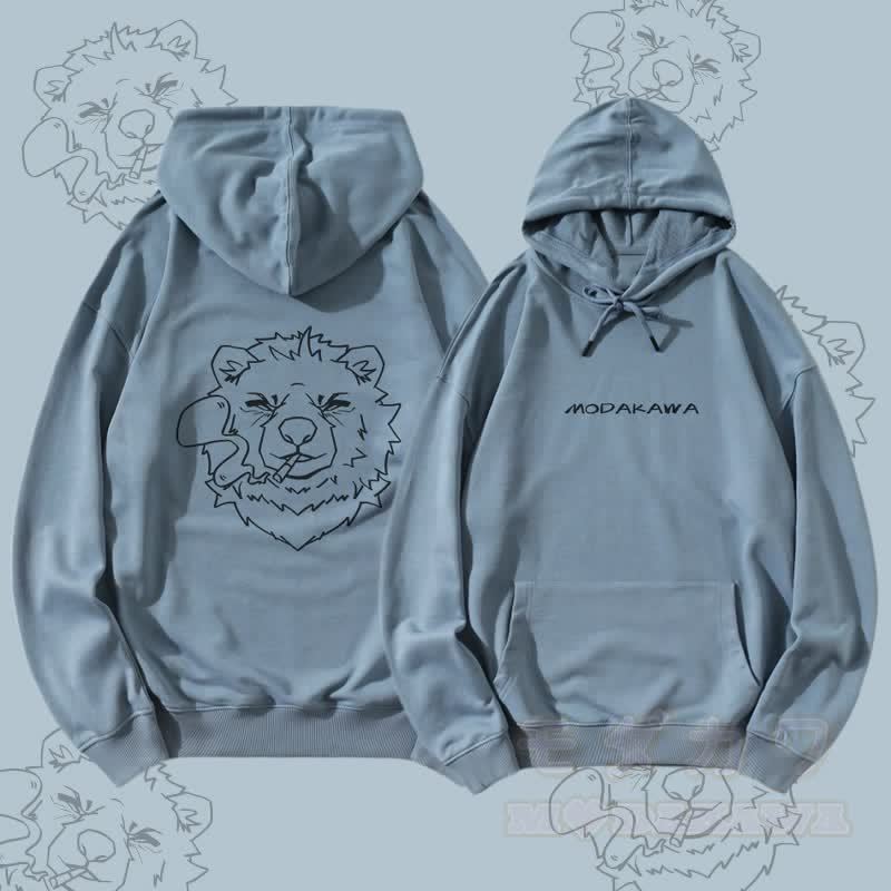 MODAKAWA Smoking Bear Grafik Streetwear Pullover Hoodie - Staubiges Blau - 5XL - image 1