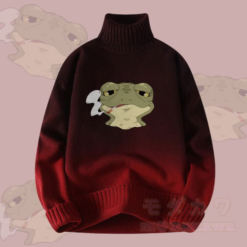 MODAKAWA Smoking Frog Farbverlauf-Strick-Rollkragenpullover - Weinrot - 4XL - image 3