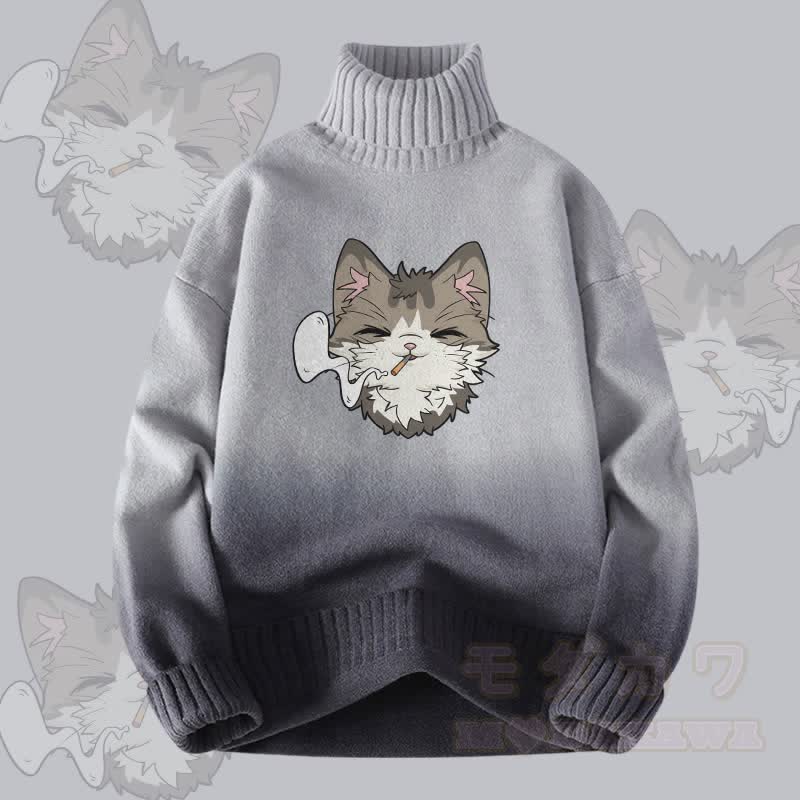 MODAKAWA Smoking Cat Farbverlauf-Strick-Rollkragenpullover - Grau - 4XL - image 1