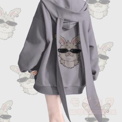 MODAKAWA Cool Nabi Graphic Kapuzenpullover mit langen Hasenohren, Tasche und Reißverschluss - Grau - 2XL - image 1