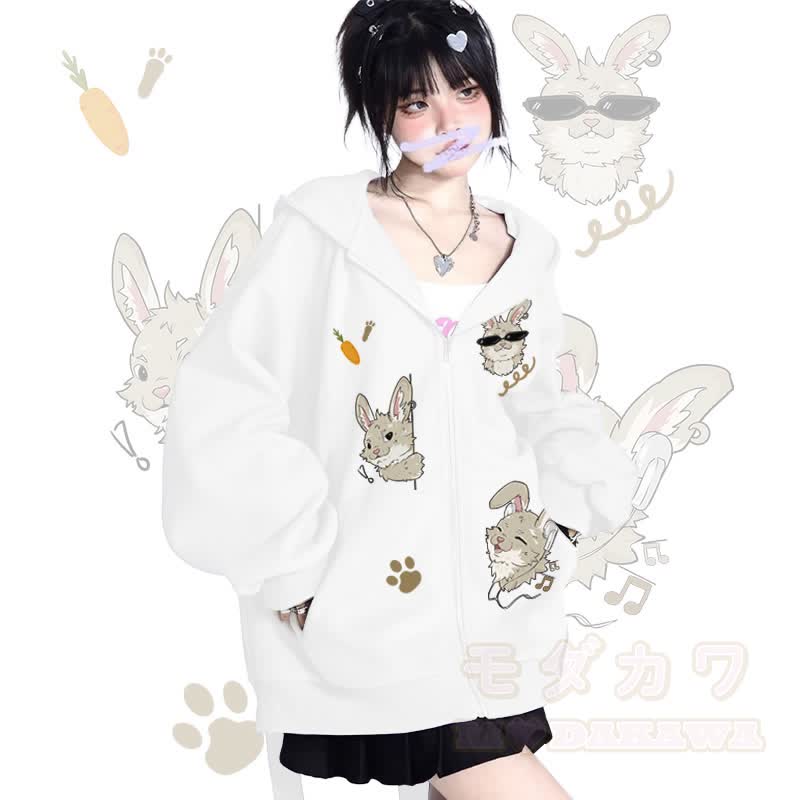 MODAKAWA Verspieltes Nabi-Grafik-Kapuzensweatshirt mit langen Hasenohren, Tasche und Reißverschluss - Weiß - 2XL - image 2