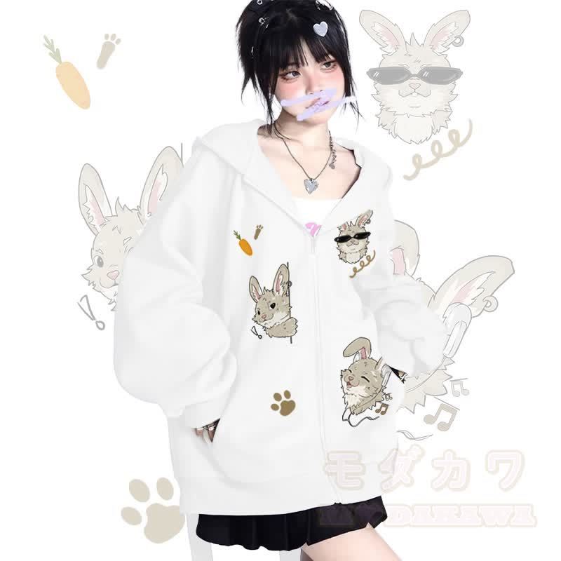 MODAKAWA Verspieltes Nabi-Grafik-Kapuzensweatshirt mit langen Hasenohren, Tasche und Reißverschluss - Weiß - 2XL - image 2