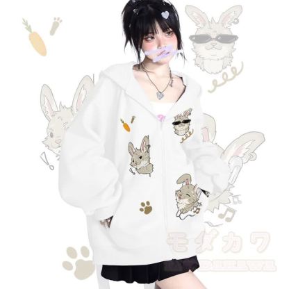 MODAKAWA Verspieltes Nabi-Grafik-Kapuzensweatshirt mit langen Hasenohren, Tasche und Reißverschluss - Weiß - 2XL - image 2