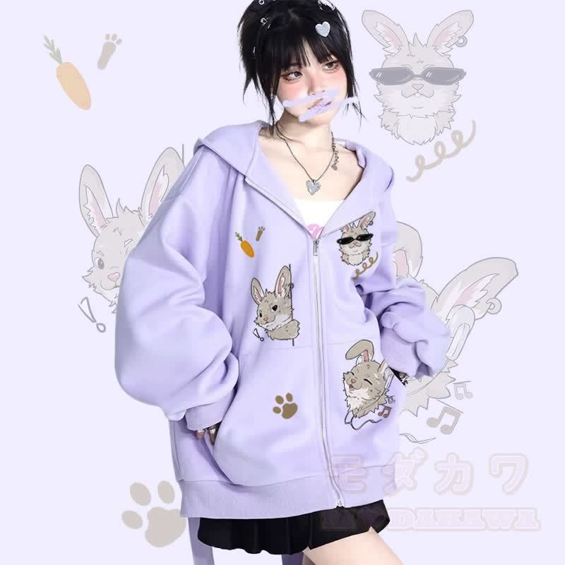 MODAKAWA Verspieltes Nabi-Grafik-Kapuzensweatshirt mit langen Hasenohren, Tasche und Reißverschluss - Lila - 2XL - image 1