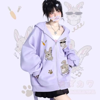 MODAKAWA Verspieltes Nabi-Grafik-Kapuzensweatshirt mit langen Hasenohren, Tasche und Reißverschluss - Lila - 2XL - image 1