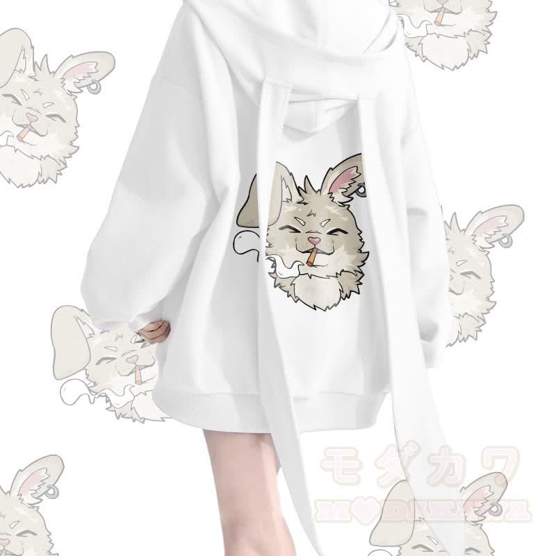 MODAKAWA Nabi Smoking Graphic Long Bunny Ears Pocket Zipper Hooded Sweatshirt - Weiß - 2XL - image 4