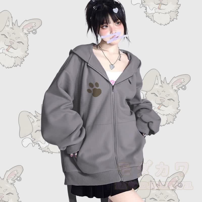 MODAKAWA Nabi Smoking Graphic Long Bunny Ears Pocket Zipper Hooded Sweatshirt - image 2