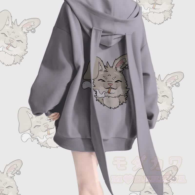 MODAKAWA Nabi Smoking Graphic Long Bunny Ears Pocket Zipper Hooded Sweatshirt - Grau - 2XL - image 1