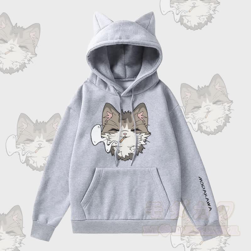 MODAKAWA Kapuzenpullover mit Raucherkatzen-Motiv, Katzenohren-Tasche und Fleece-Futter - Grau - 2XL - image 2