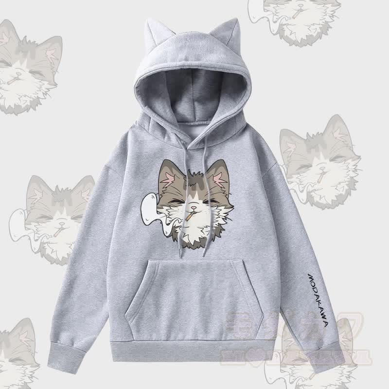 MODAKAWA Kapuzenpullover mit Raucherkatzen-Motiv, Katzenohren-Tasche und Fleece-Futter - Grau - 2XL - image 2