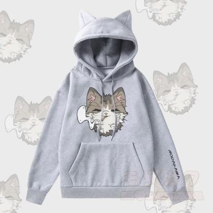 MODAKAWA Kapuzenpullover mit Raucherkatzen-Motiv, Katzenohren-Tasche und Fleece-Futter - Grau - 2XL - image 2