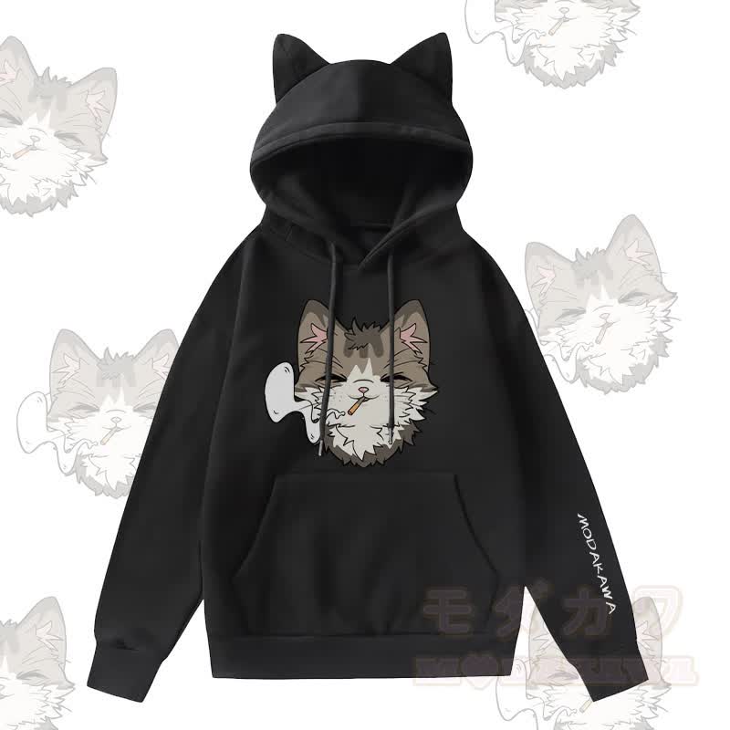 MODAKAWA Kapuzenpullover mit Raucherkatzen-Motiv, Katzenohren-Tasche und Fleece-Futter - Schwarz - 2XL - image 1