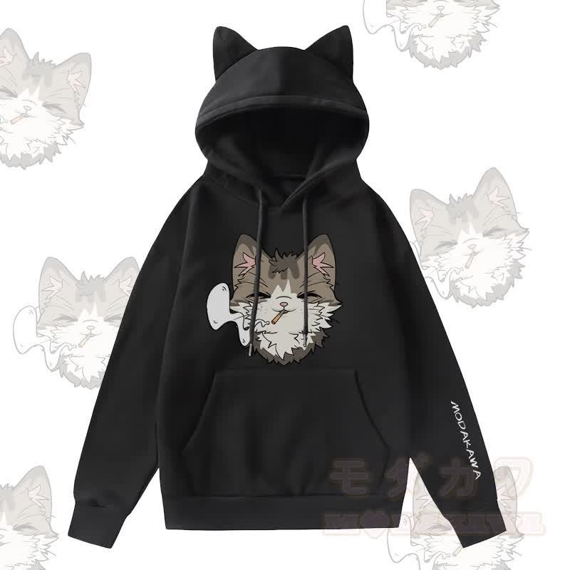 MODAKAWA Kapuzenpullover mit Raucherkatzen-Motiv, Katzenohren-Tasche und Fleece-Futter - Schwarz - 2XL - image 1