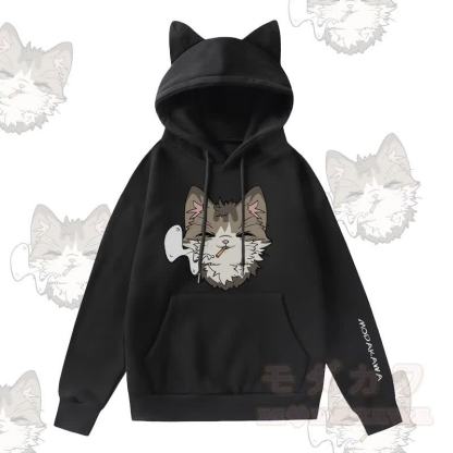 MODAKAWA Kapuzenpullover mit Raucherkatzen-Motiv, Katzenohren-Tasche und Fleece-Futter - Schwarz - 2XL - image 1