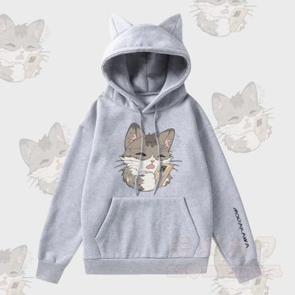 MODAKAWA Kapuzenpullover mit Katzenmotiv (Katze spielt am Telefon), Katzenohren, Tasche und Fleecefutter - Grau - 2XL - image 2
