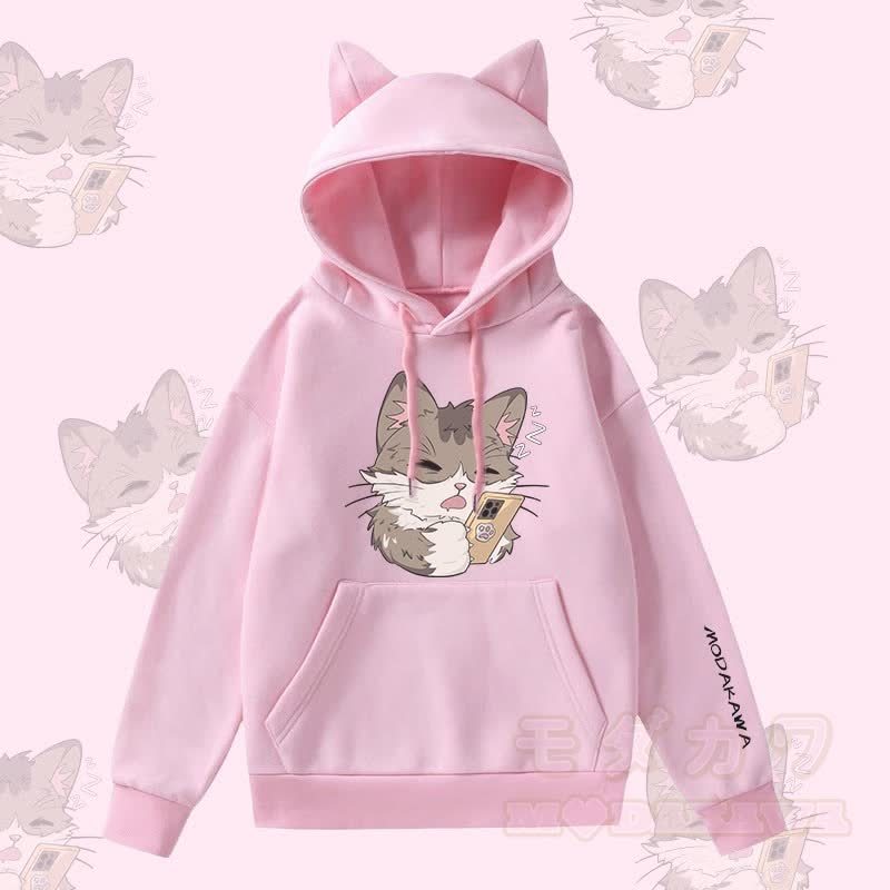 MODAKAWA Kapuzenpullover mit Katzenmotiv (Katze spielt am Telefon), Katzenohren, Tasche und Fleecefutter - Rosa - 2XL - image 1