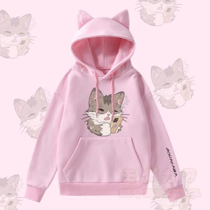 MODAKAWA Kapuzenpullover mit Katzenmotiv (Katze spielt am Telefon), Katzenohren, Tasche und Fleecefutter - Rosa - 2XL - image 1