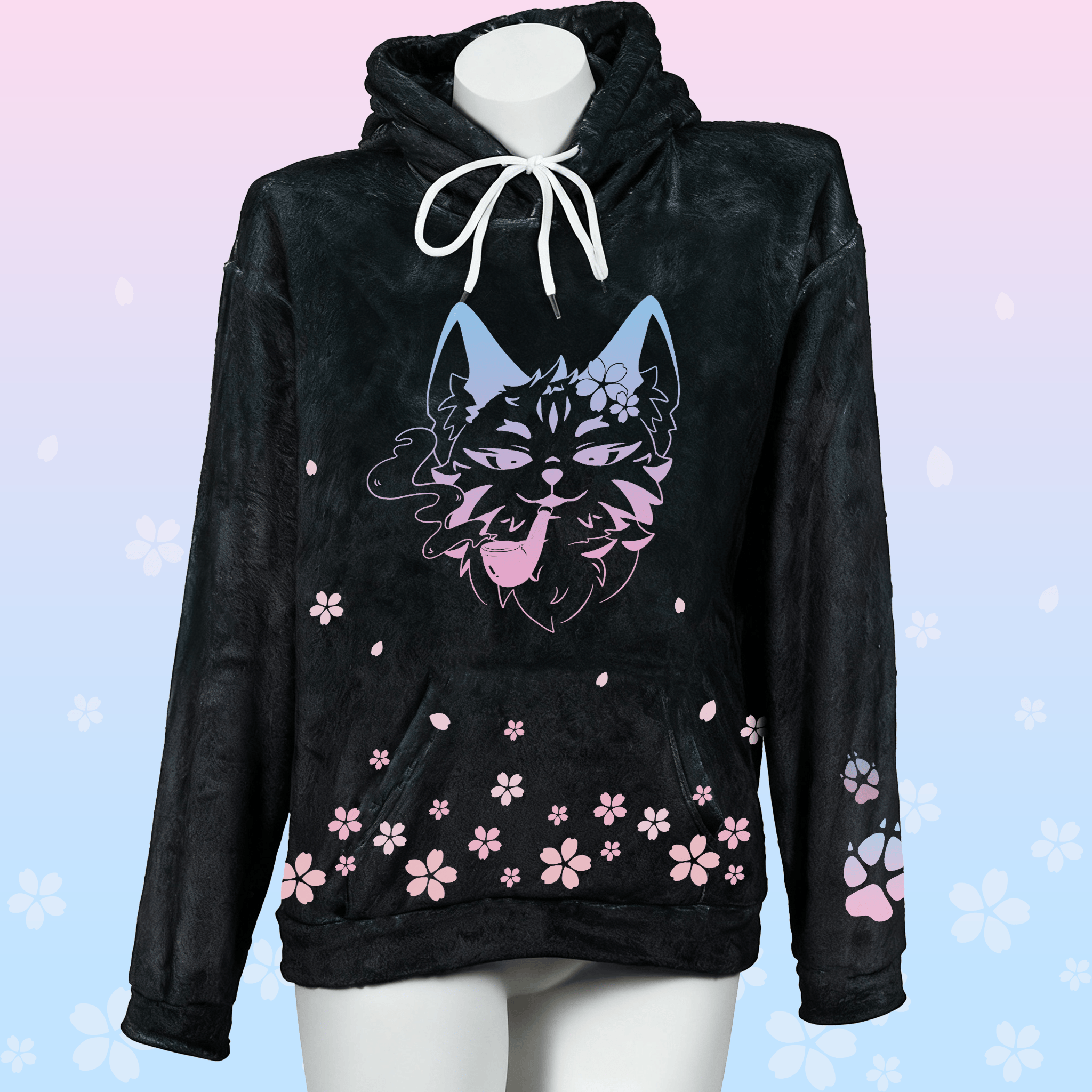 MODAKAWA Smoking Sakura Cat Grafik-Plüschhoodie mit Hasenohren - Black - 4XL - image 1