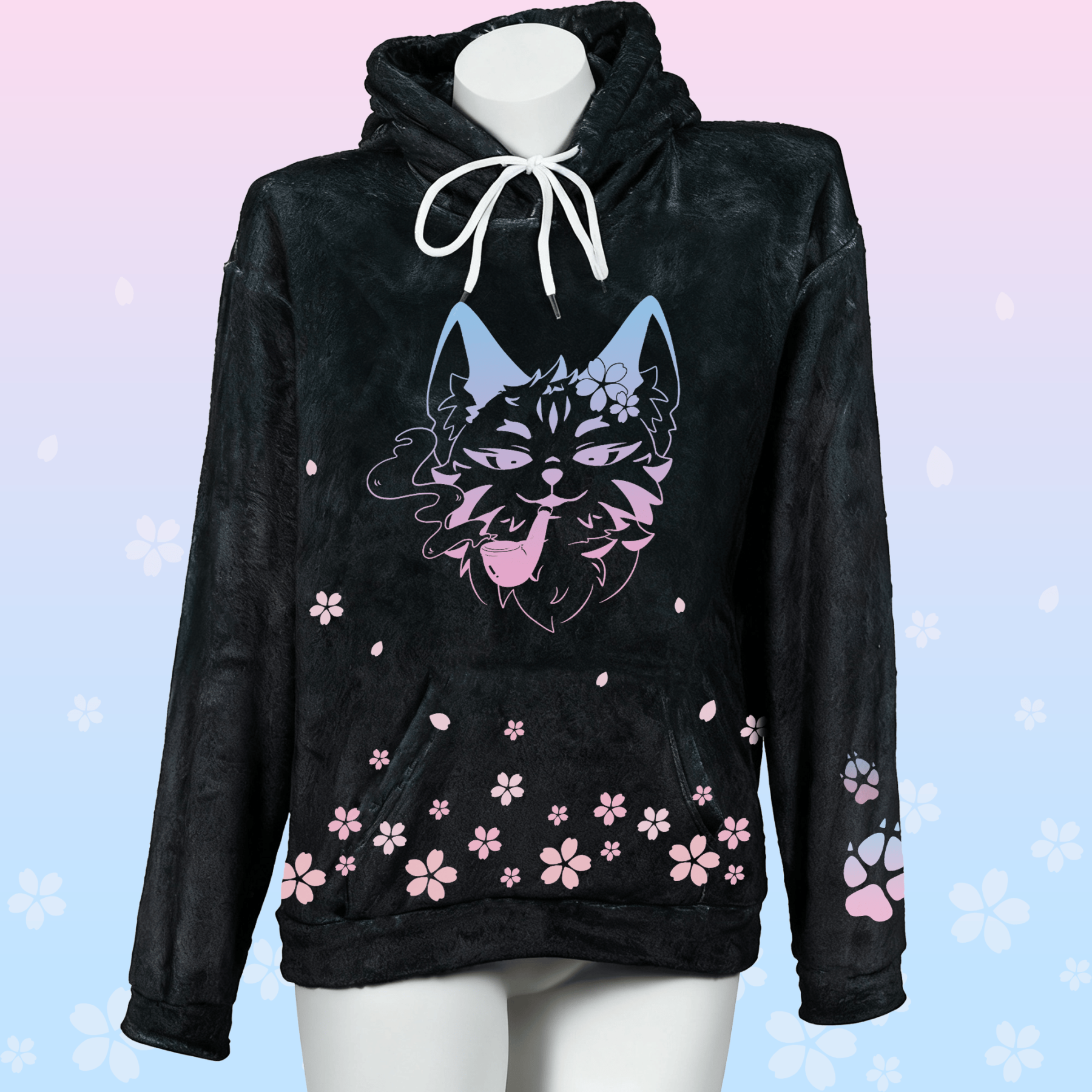 MODAKAWA Smoking Sakura Cat Grafik-Plüschhoodie mit Hasenohren - Black - 4XL - image 1