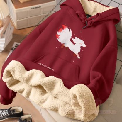 MODAKAWA Winterhoodie mit neunschwänzigem Fuchs-Motiv, dick gefüttert mit Fleece - Weinrot A - 2XL - image 1