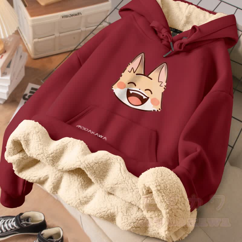 MODAKAWA Winterhoodie mit lächelndem Fuchs-Motiv, dick gefüttert mit Fleece - Weinrot - 2XL - image 2