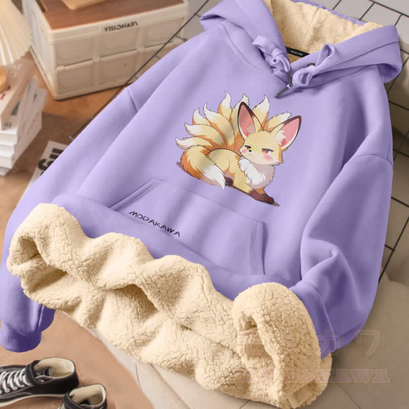 MODAKAWA Frecher Winterhoodie mit neunschwänzigem Fuchs-Motiv und dickem Fleecefutter - Lila - 2XL - image 2