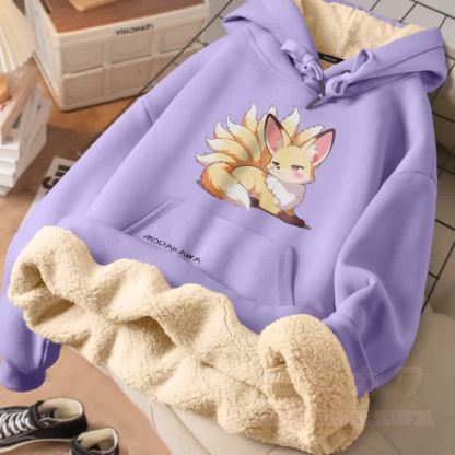 MODAKAWA Frecher Winterhoodie mit neunschwänzigem Fuchs-Motiv und dickem Fleecefutter - Lila - 2XL - image 2