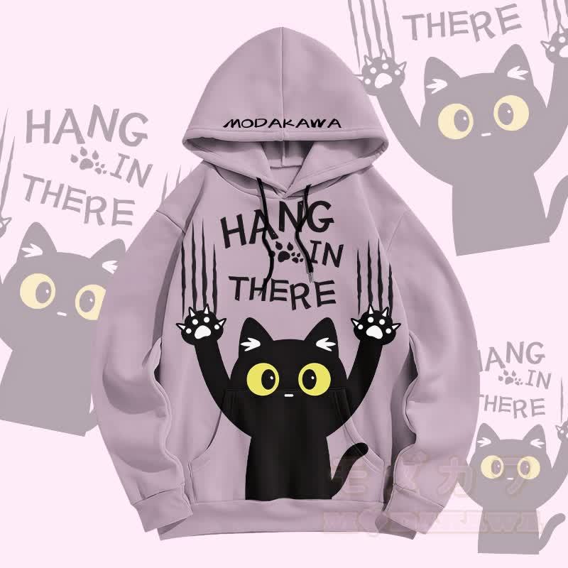 MODAKAWA HANG IN THERE Pullover Hoodie mit Allover-Print und schwarzer Katze - Lila - 5XL - image 2