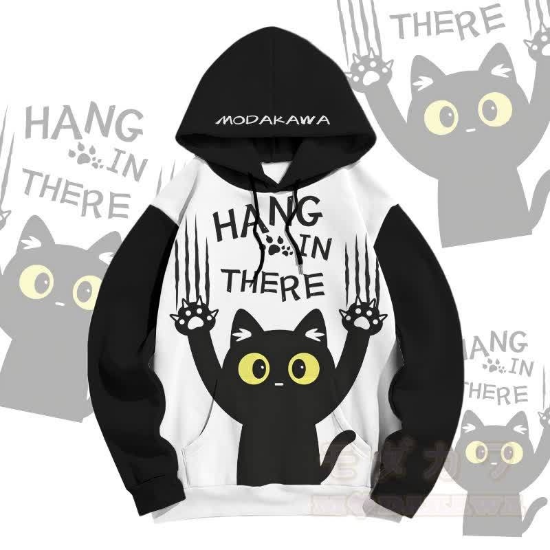 MODAKAWA HANG IN THERE Pullover Hoodie mit Allover-Print und schwarzer Katze - Weiß - 5XL - image 1