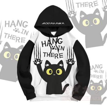 MODAKAWA HANG IN THERE Pullover Hoodie mit Allover-Print und schwarzer Katze - Weiß - 5XL - image 1