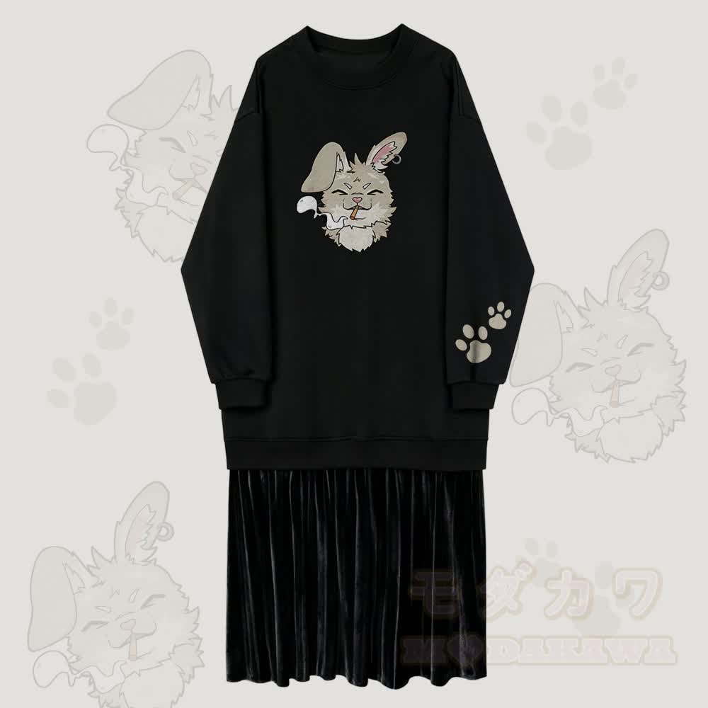 MODAKAWA Nabi Smoking Graphic Faux Layered Fleece Lined Sweatshirt Dress - Schwarz - 2XL - image 1