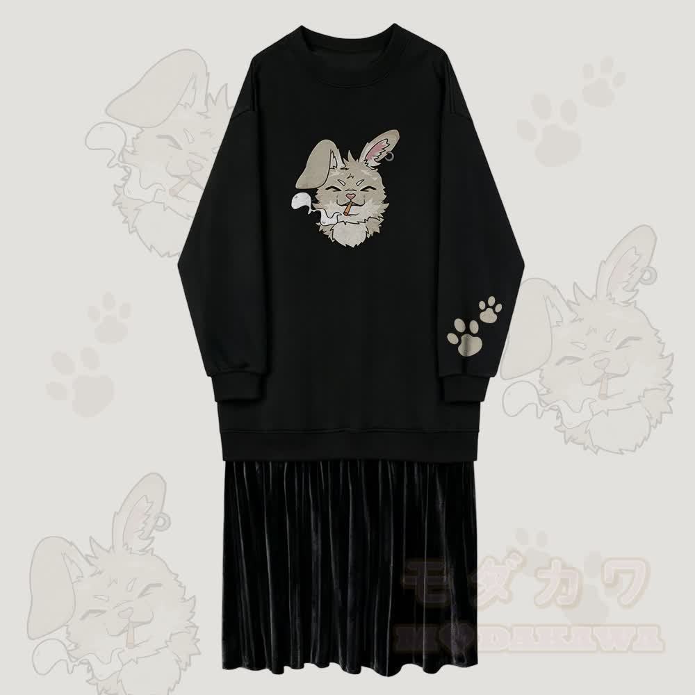 MODAKAWA Nabi Smoking Graphic Faux Layered Fleece Lined Sweatshirt Dress - Schwarz - 2XL - image 1