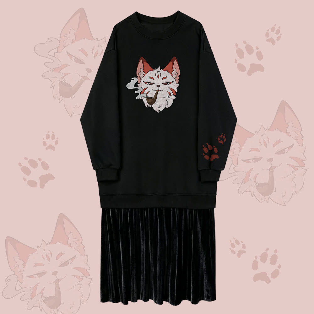 MODAKAWA Smoking Fox Grafik-Sweatshirtkleid mit Futter aus mehrlagigem Kunstfleece - Black - 2XL - image 1