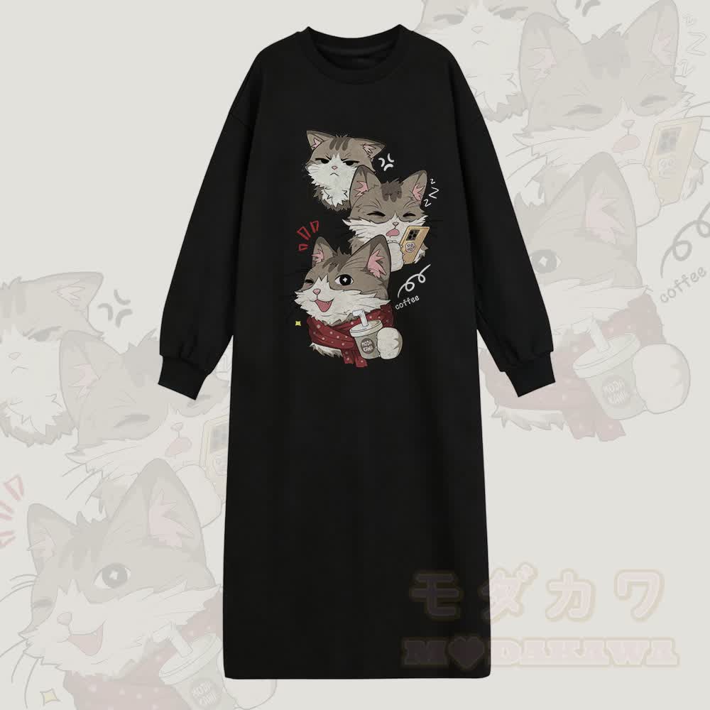 MODAKAWA Sweatshirtkleid mit verspieltem Katzenmotiv und langen Ärmeln - Schwarz - 2XL - image 1