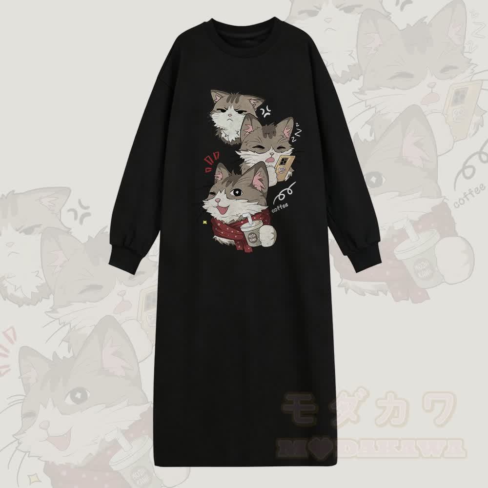 MODAKAWA Sweatshirtkleid mit verspieltem Katzenmotiv und langen Ärmeln - Schwarz - 2XL - image 1