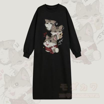 MODAKAWA Sweatshirtkleid mit verspieltem Katzenmotiv und langen Ärmeln - Schwarz - 2XL - image 1