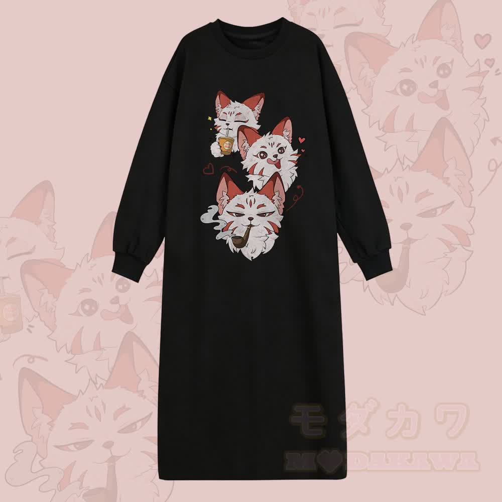 MODAKAWA Smoking Cat Grafik Langarm-Sweatshirtkleid - Schwarz - 2XL - image 1