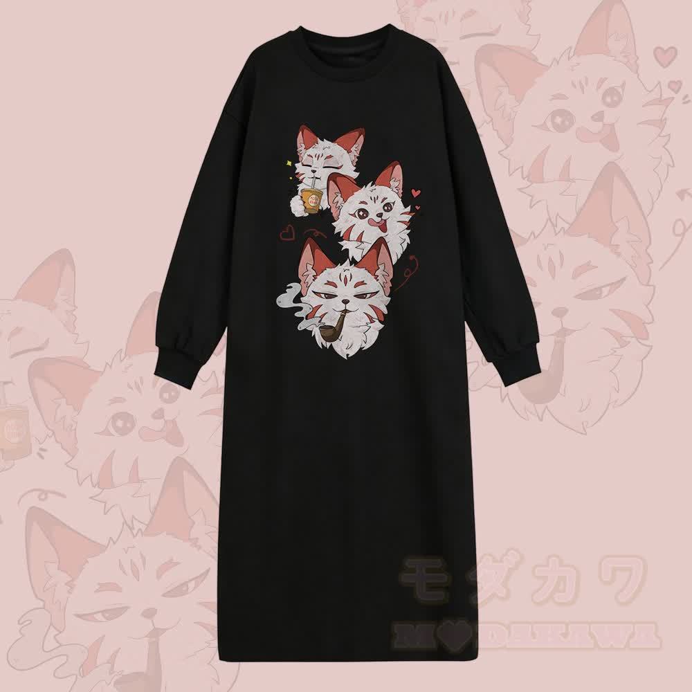 MODAKAWA Smoking Cat Grafik Langarm-Sweatshirtkleid - Schwarz - 2XL - image 1