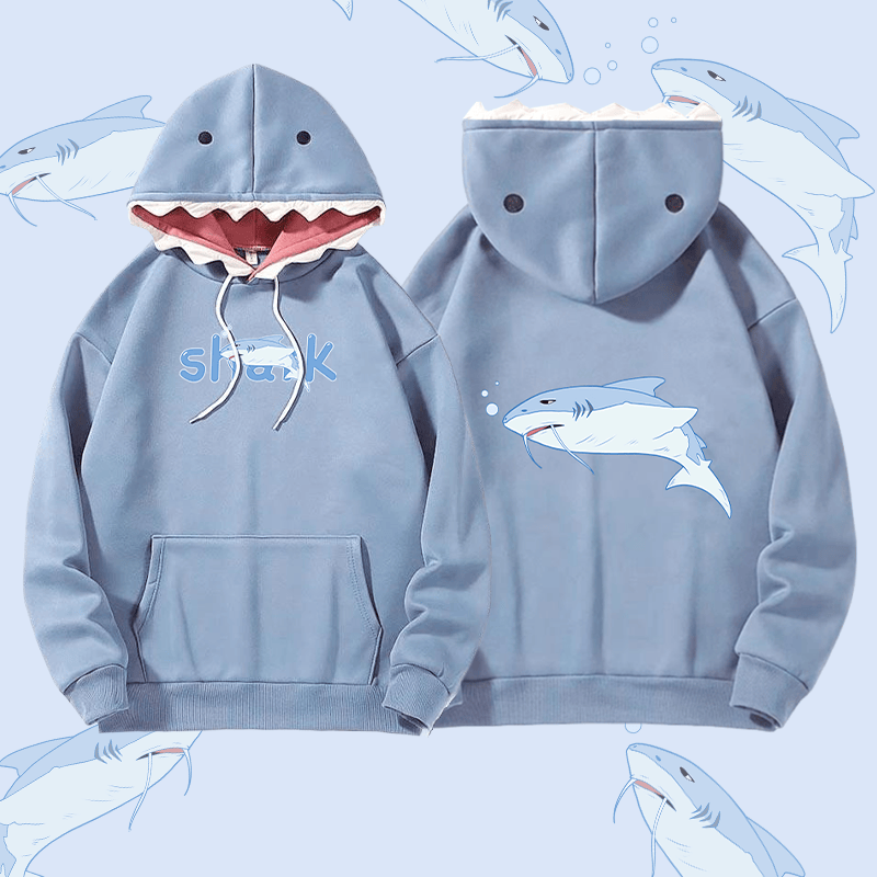 MODAKAWA Kapuzenpullover mit Schnurrbart-Hai-Motiv und Taschen - Blue - 2XL - image 1