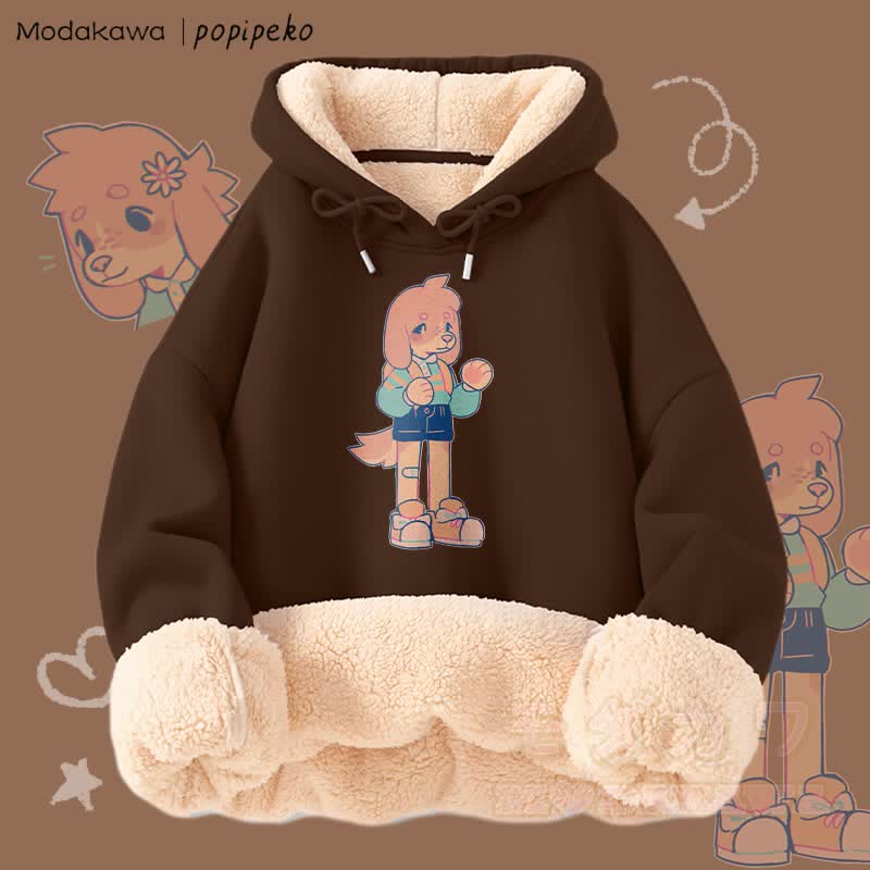 MODAKAWA X popipeko Niedlicher Welpen-Print Winterhoodie mit dickem Fleecefutter - Braun - 2XL - image 1