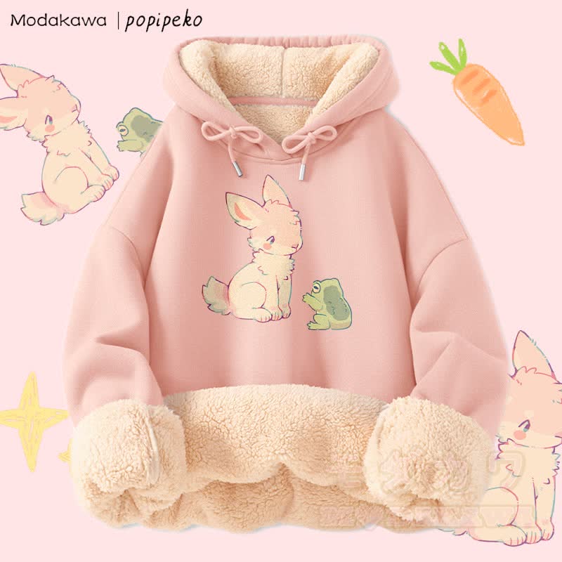 MODAKAWA X popipeko Winterhoodie mit Hasen- und Froschmotiv, dick gefüttert mit Fleece - Rosa - 2XL - image 2