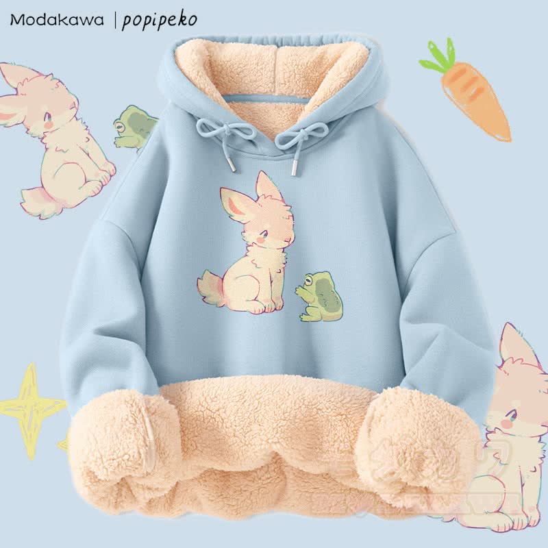 MODAKAWA X popipeko Winterhoodie mit Hasen- und Froschmotiv, dick gefüttert mit Fleece - Blau - 2XL - image 1