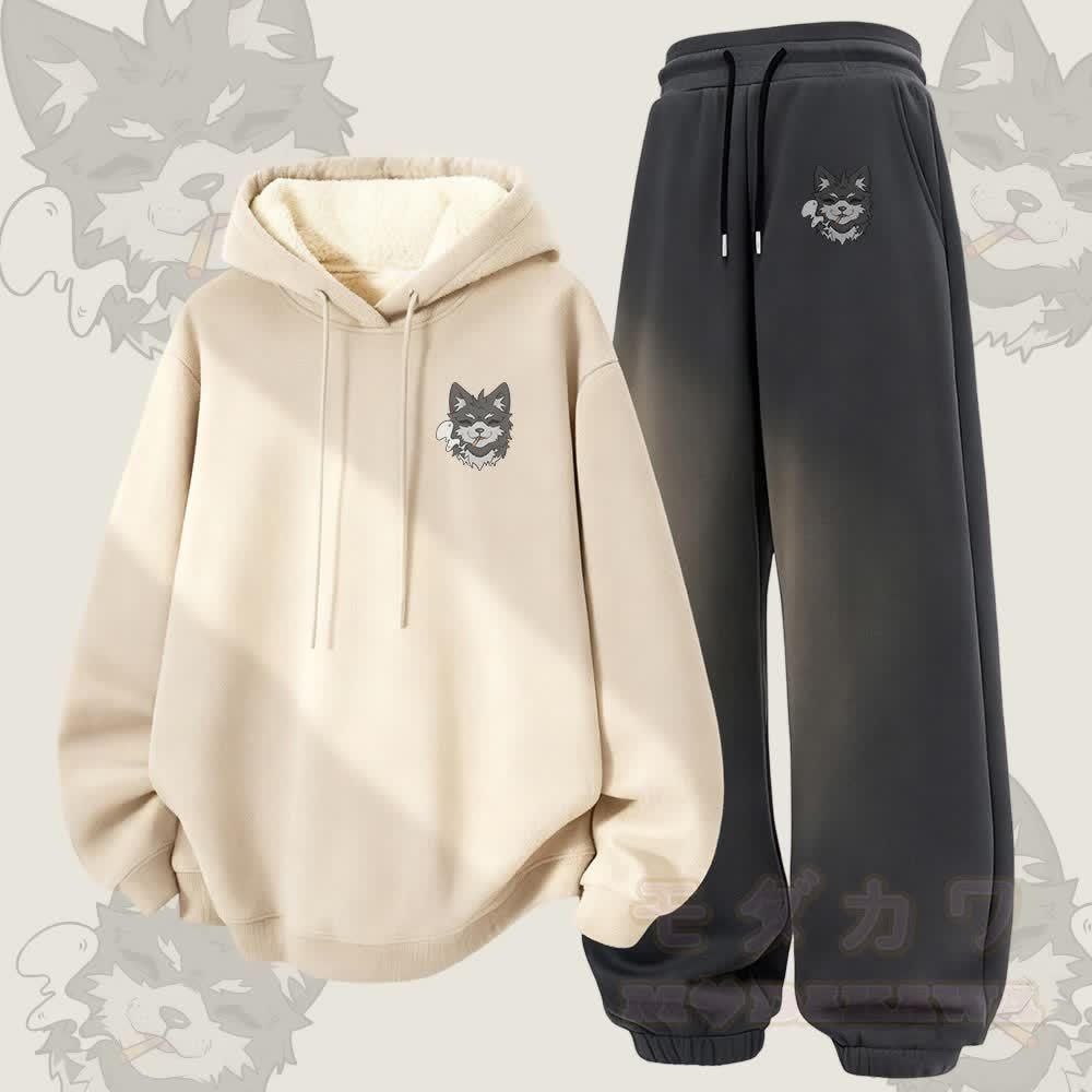 MODAKAWA Koda Smoking Graphic Zweiteiliges Set aus dick mit Fleece gefüttertem Hoodie und Hose - Aprikose & Dunkelgrau - 5XL - image 2