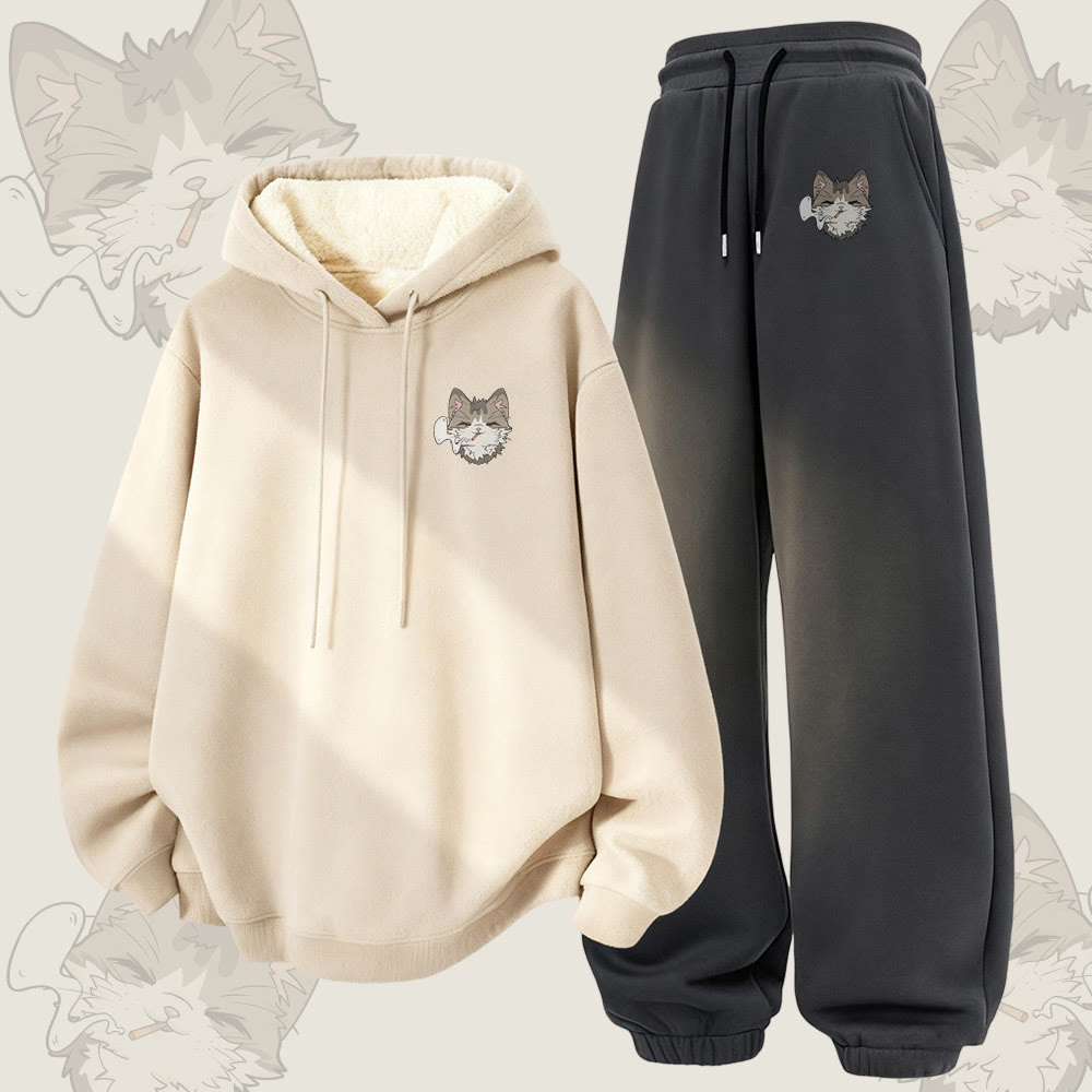 MODAKAWA Smoking Kitty Grafik – Zweiteiliges Set aus dick gefüttertem Hoodie und Hose mit Fleece-Futter - Apricot&Dark Grey - 5XL - image 1