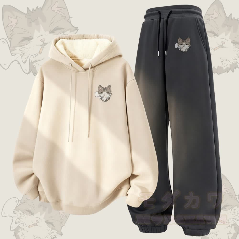 MODAKAWA Smoking Kitty Grafik – Zweiteiliges Set aus dick gefüttertem Hoodie und Hose mit Fleece-Futter - Aprikose & Dunkelgrau - 5XL - image 1