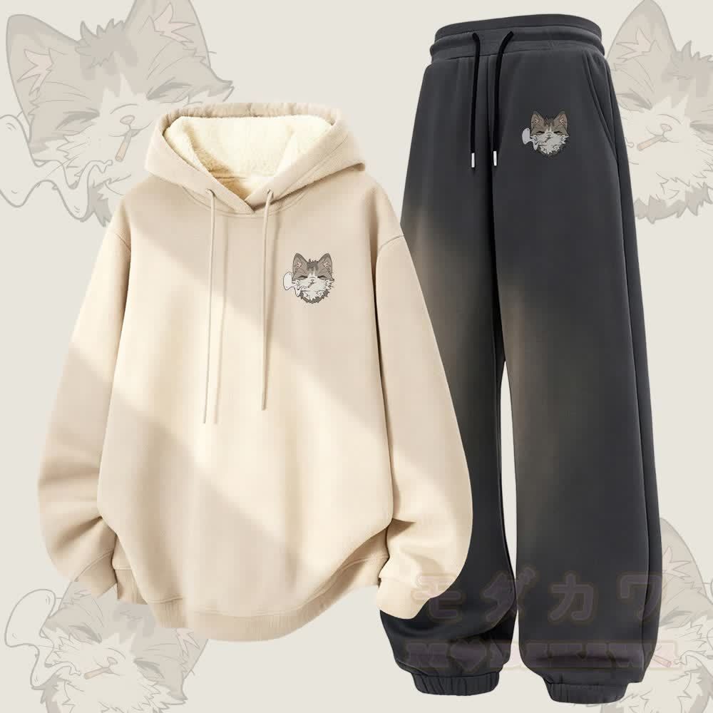 MODAKAWA Smoking Kitty Grafik – Zweiteiliges Set aus dick gefüttertem Hoodie und Hose mit Fleece-Futter - Aprikose & Dunkelgrau - 5XL - image 1